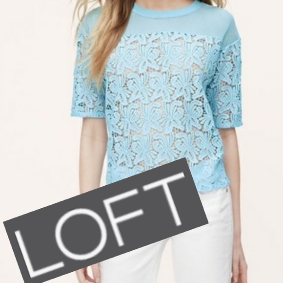 NWOT LOFT crochet floral lace light blue short sleeve boxy top - Picture 3 of 10